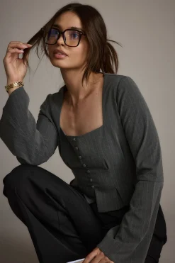Outlet McGrath Grey Pinstripe Long Sleeve Top Workwear Tops|Long Sleeves