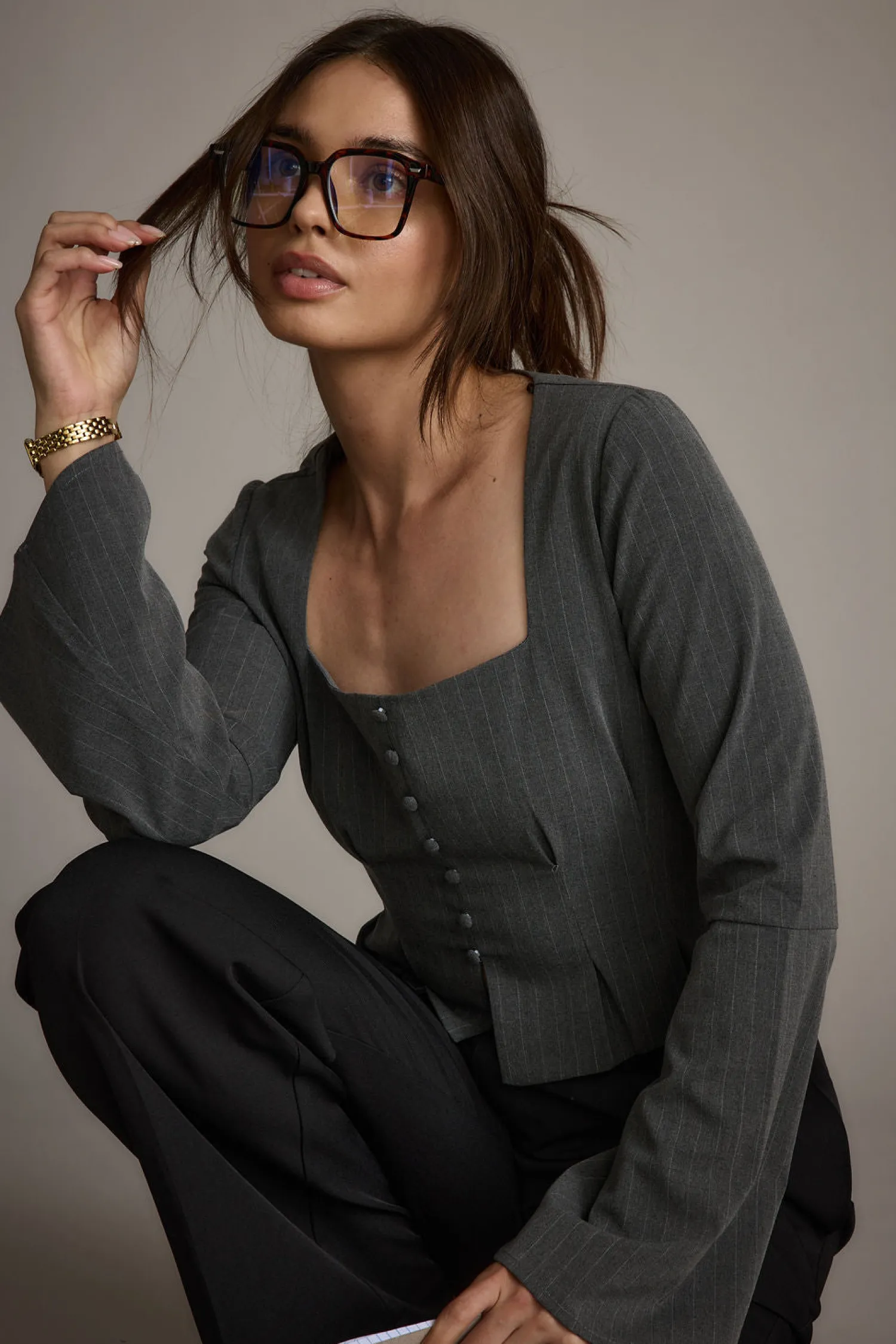 Outlet McGrath Grey Pinstripe Long Sleeve Top Workwear Tops|Long Sleeves