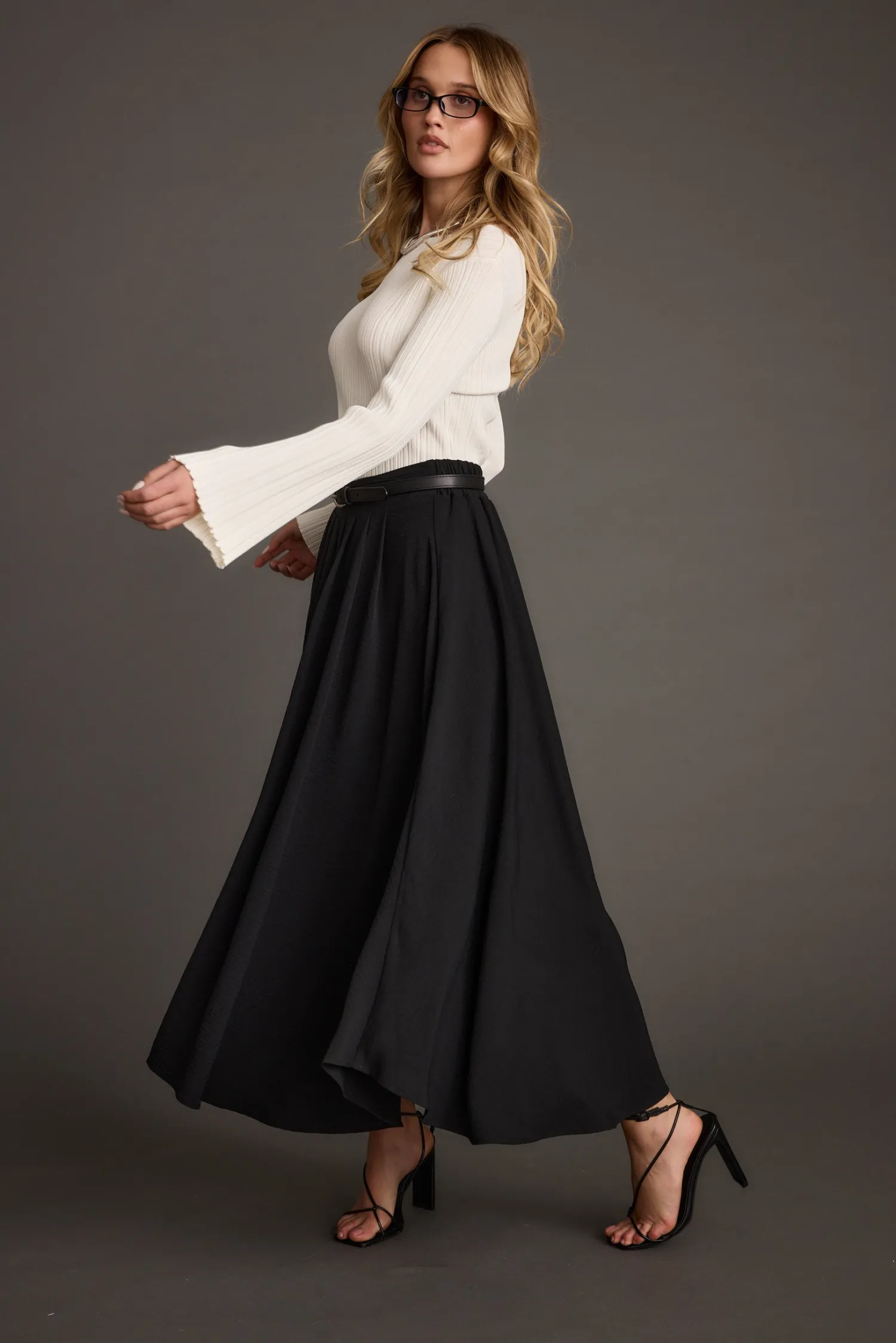 New Melinda White Ribbed Knit Bell Sleeve Top Workwear Tops|Sweaters + Cardis
