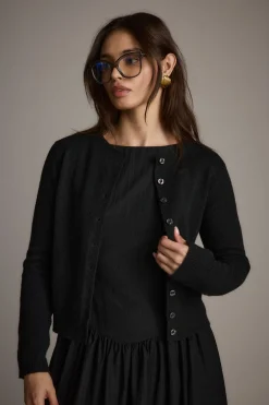 Sale Mindy Black Crew Neck Cardigan Jackets|Long Sleeves