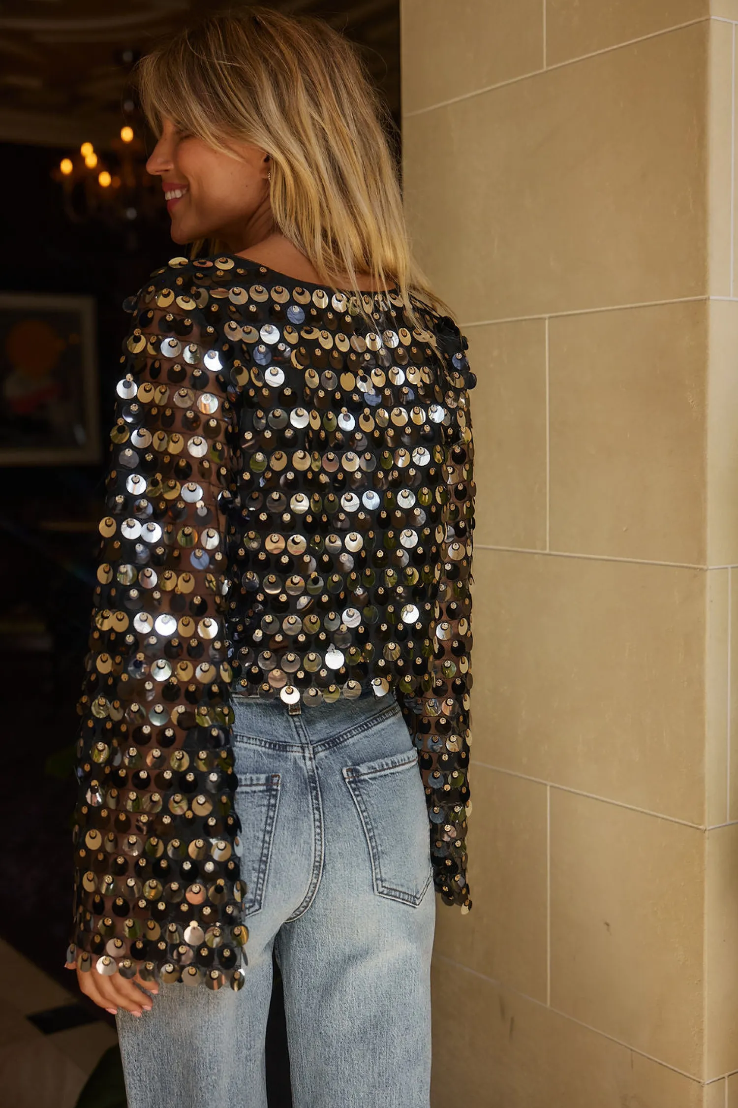 Clearance Mindy Disc Sequin Crop Top Going Out Tops|Long Sleeves