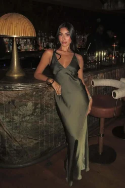 Online Mirabella Olive Satin Ombre Maxi Dress Date Night Dresses|Vacation Dresses