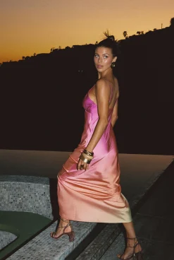 New Mirabella Pink Satin Sorbet Maxi Dress Date Night Dresses|Vacation Dresses