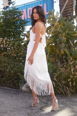 Fashion Monet White Fringe Satin Maxi Dress Bridal Dresses|Maxi Dresses