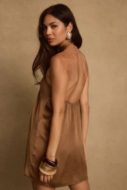 Fashion Moonlit Kiss Mocha Satin Halter Top Date Night Tops|Going Out Tops