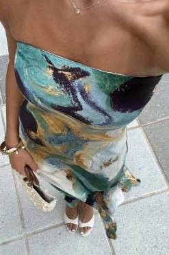 Outlet Natalia Blue and Gold Watercolor Strapless Maxi Dress Date Night Dresses|Party Dresses