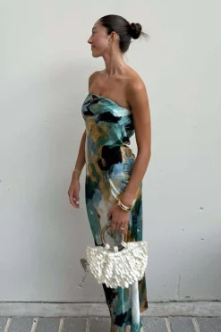 Outlet Natalia Blue and Gold Watercolor Strapless Maxi Dress Date Night Dresses|Party Dresses