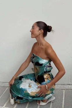 Outlet Natalia Blue and Gold Watercolor Strapless Maxi Dress Date Night Dresses|Party Dresses