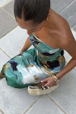 Outlet Natalia Blue and Gold Watercolor Strapless Maxi Dress Date Night Dresses|Party Dresses