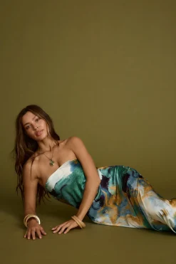 Outlet Natalia Blue and Gold Watercolor Strapless Maxi Dress Date Night Dresses|Party Dresses
