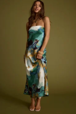 Outlet Natalia Blue and Gold Watercolor Strapless Maxi Dress Date Night Dresses|Party Dresses