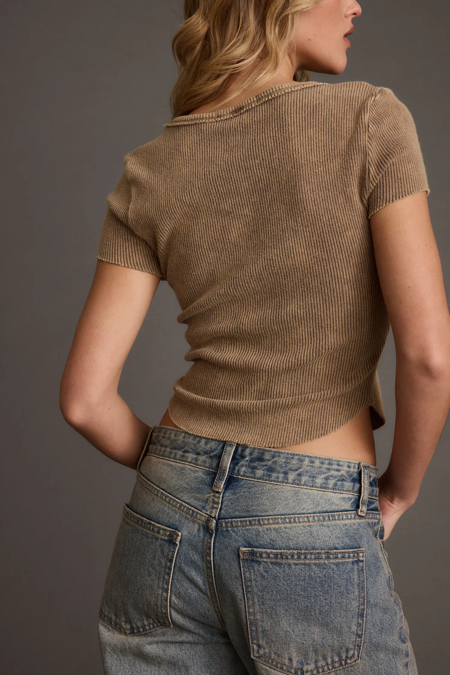 Clearance Nevada Washed Brown V-Neck Ribbed Cropped Top Date Night Tops|Tees + Tanks
