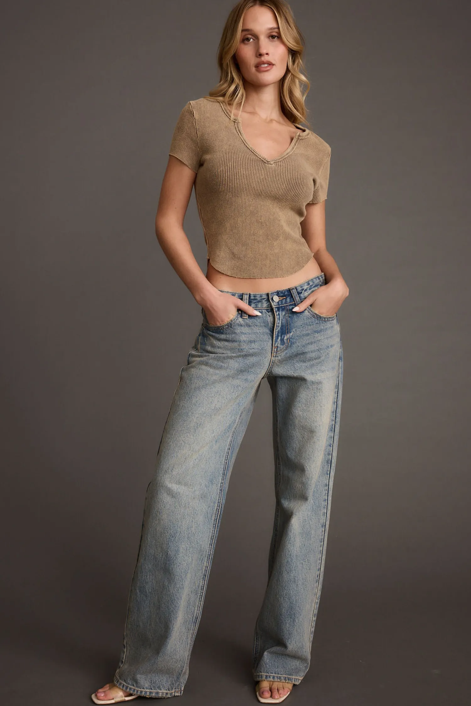 Clearance Nevada Washed Brown V-Neck Ribbed Cropped Top Date Night Tops|Tees + Tanks