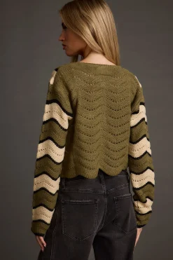 New Nikki Retro Print Olive Cardigan Sweaters + Cardis|Long Sleeves