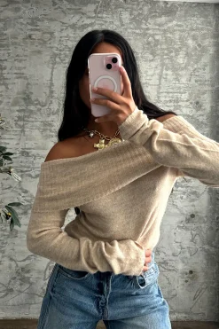 Fashion Nora Beige Off the Shoulder Sweater Sweaters + Cardis|Long Sleeves