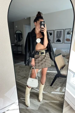 Sale Normandie Brown Plaid Mini Skirt Work Wear Bottoms|Skirts
