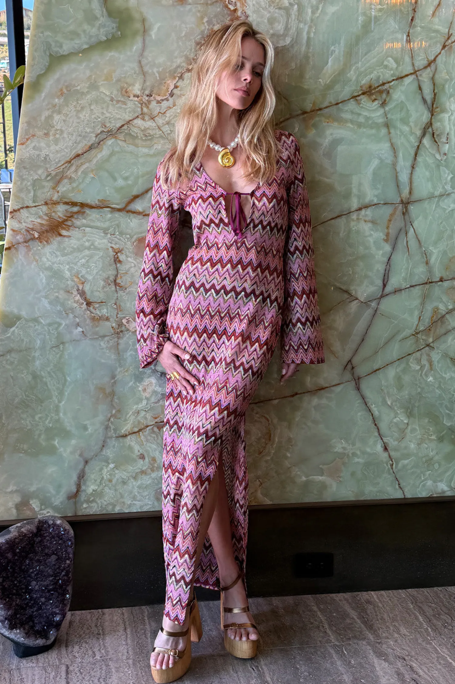 Sale Palermo Pink Crochet Plunge Maxi Dress Seashells + Wedding Bells|Swimwear