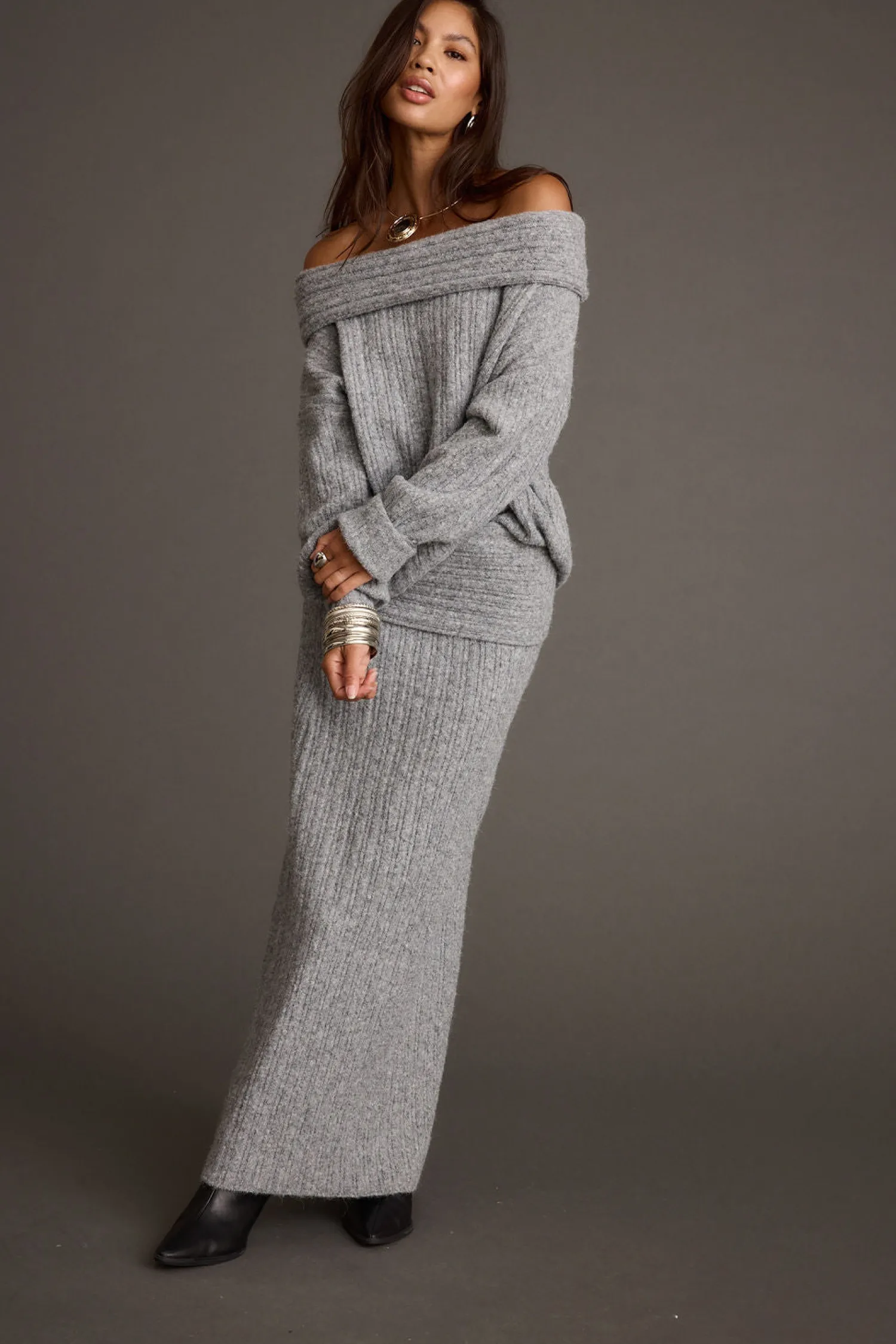 Discount Pamela Heather Grey Sweater Maxi Skirt Skirts