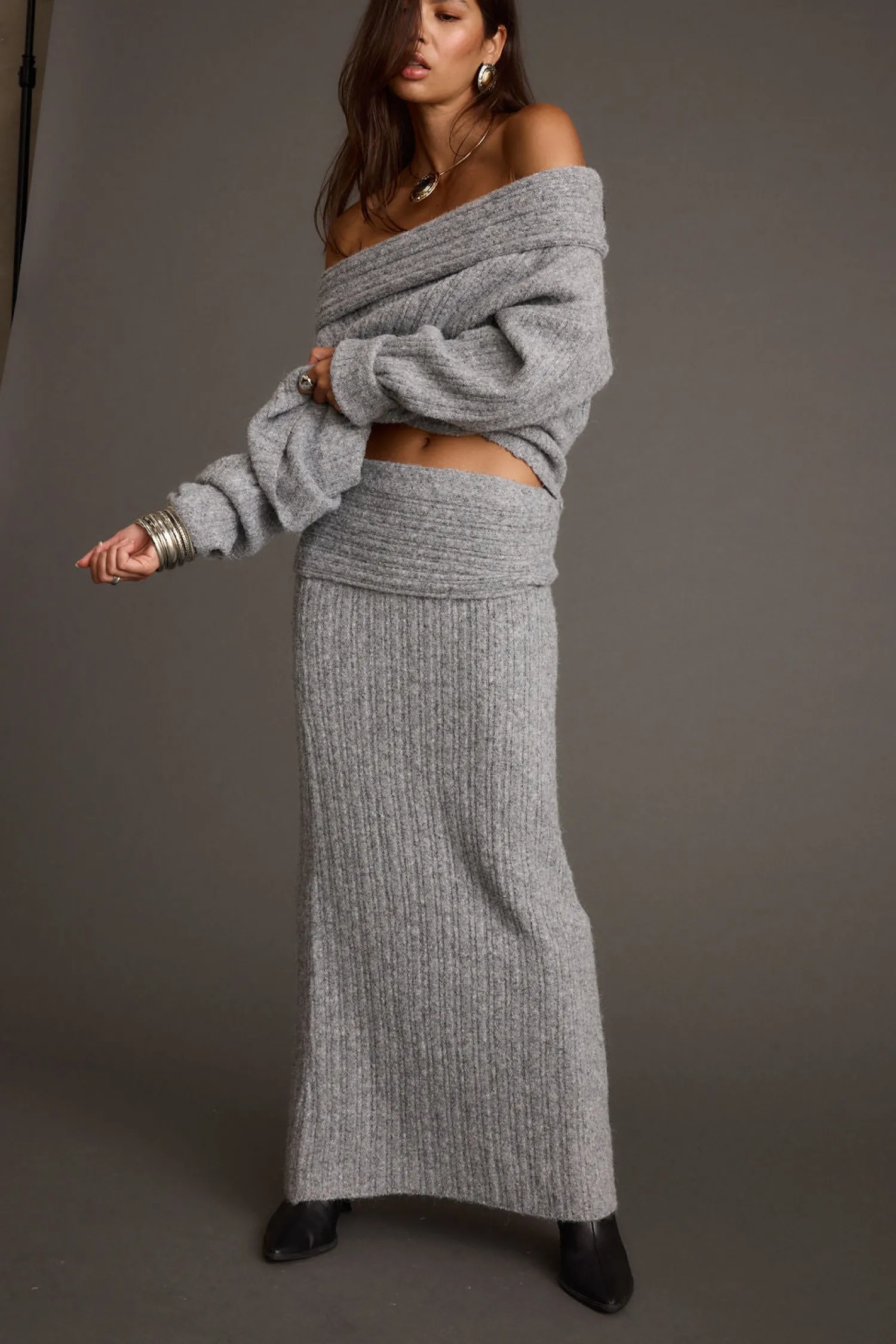 Discount Pamela Heather Grey Sweater Maxi Skirt Skirts