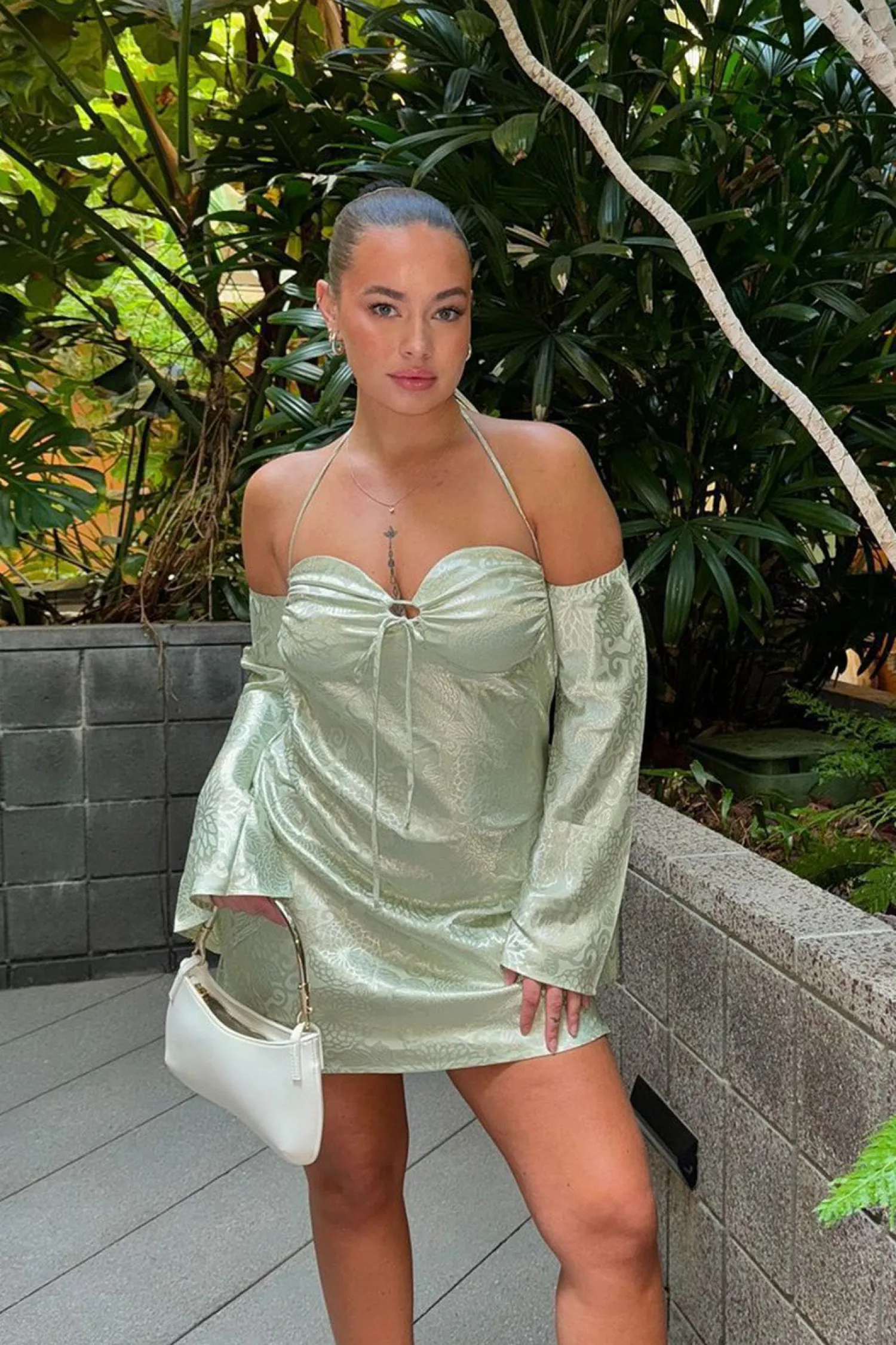 Hot Pearlina Sage Printed Satin Mini Dress Party Dresses|Vacation Dresses