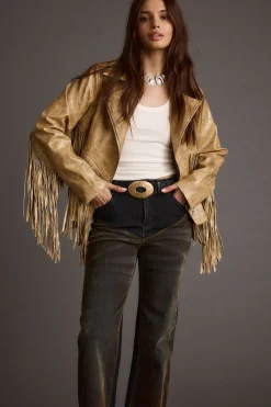 Sale Phoenix Taupe Vegan Leather Moto Fringe Jacket Outerwear|Jackets