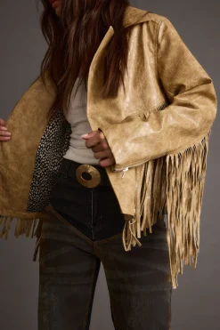 Sale Phoenix Taupe Vegan Leather Moto Fringe Jacket Outerwear|Jackets