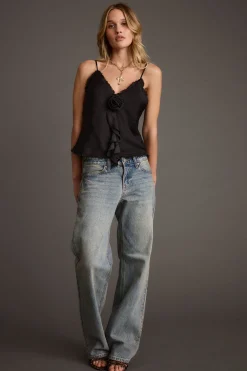 Sale Prosecco Black Rosette Frill Satin Cami Tank Date Night Tops|Going Out Tops