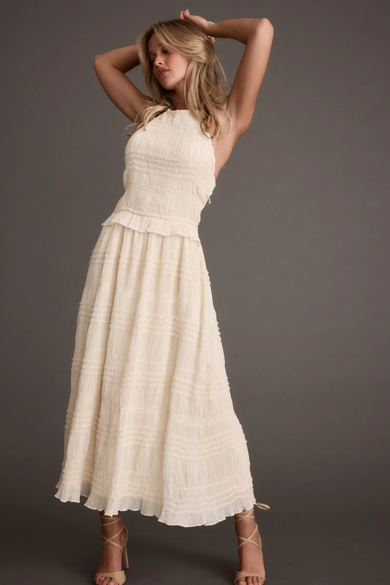 Sale Quinn Ivory High Neck Shimmer Chiffon Maxi Dress Honeymoon|Date Night Dresses