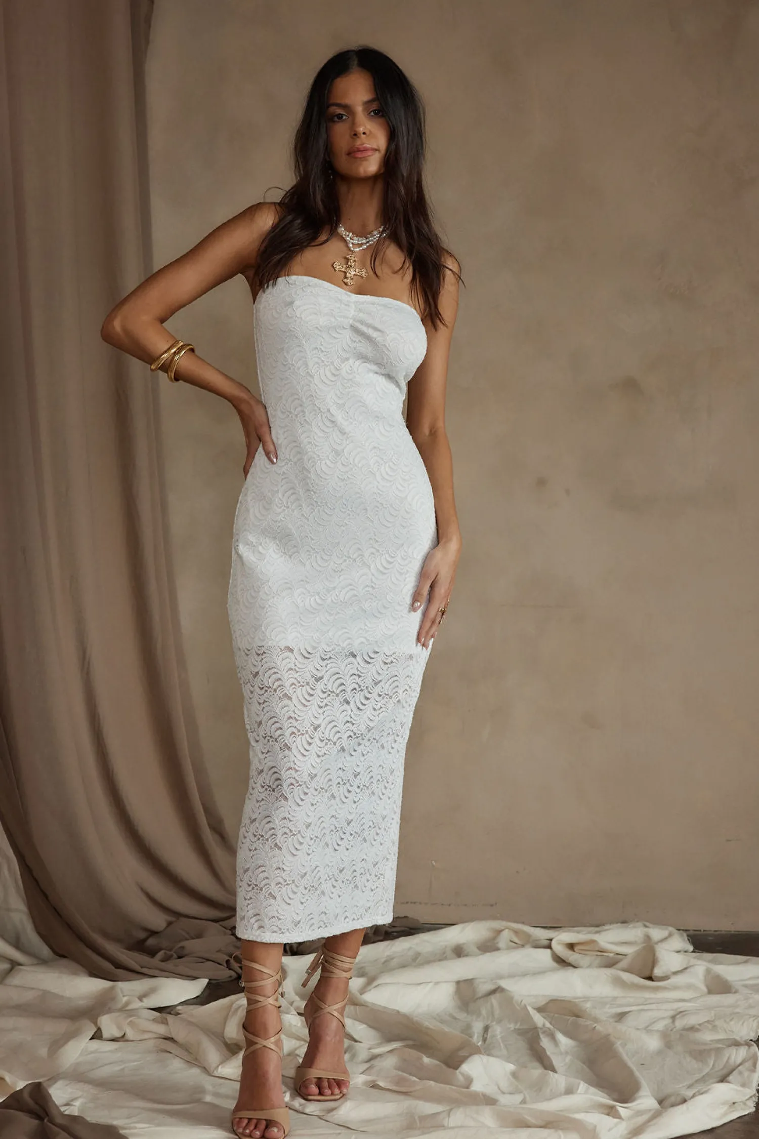 Outlet Reagan Strapless White Lace Midi Dress Engagement Party|Day Dresses