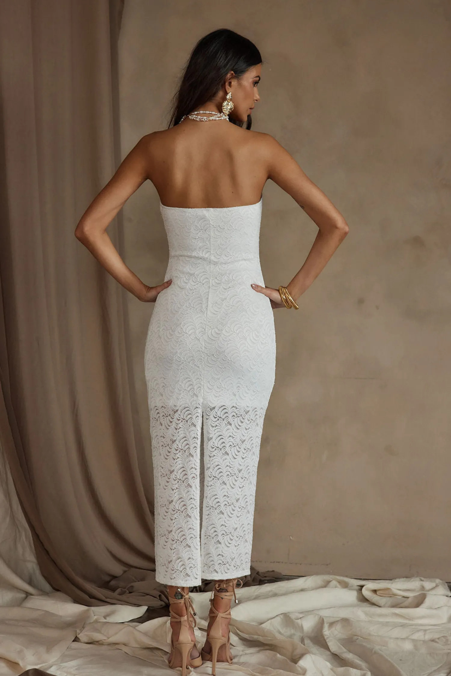 Outlet Reagan Strapless White Lace Midi Dress Engagement Party|Day Dresses