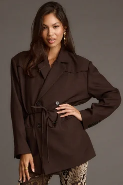 Best Rebel Brown Belted Double Breasted Blazer Jackets|Long Sleeves