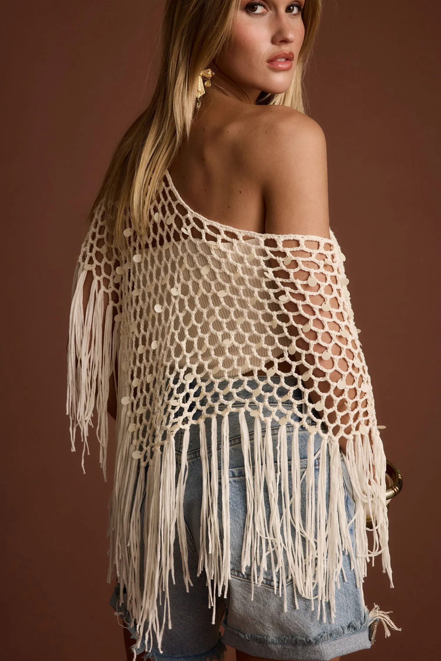 Sale Rianne Ivory Sequin Crochet Shawl Tees + Tanks|The White Edit