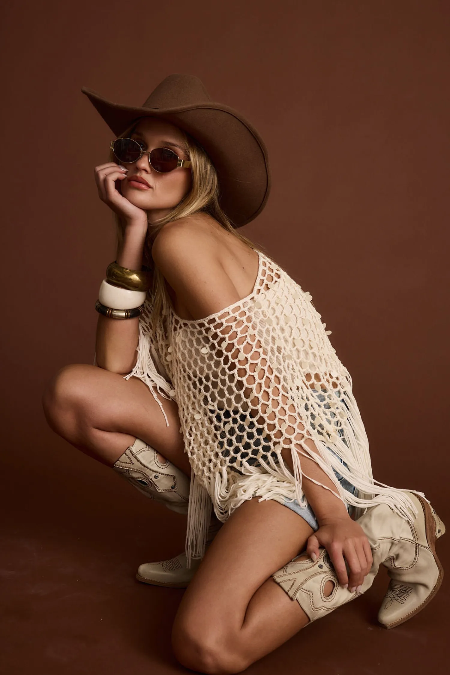 Sale Rianne Ivory Sequin Crochet Shawl Tees + Tanks|The White Edit