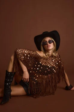 Clearance Rianne Mocha Sequin Crochet Shawl Tees + Tanks|For You And Your Bestie