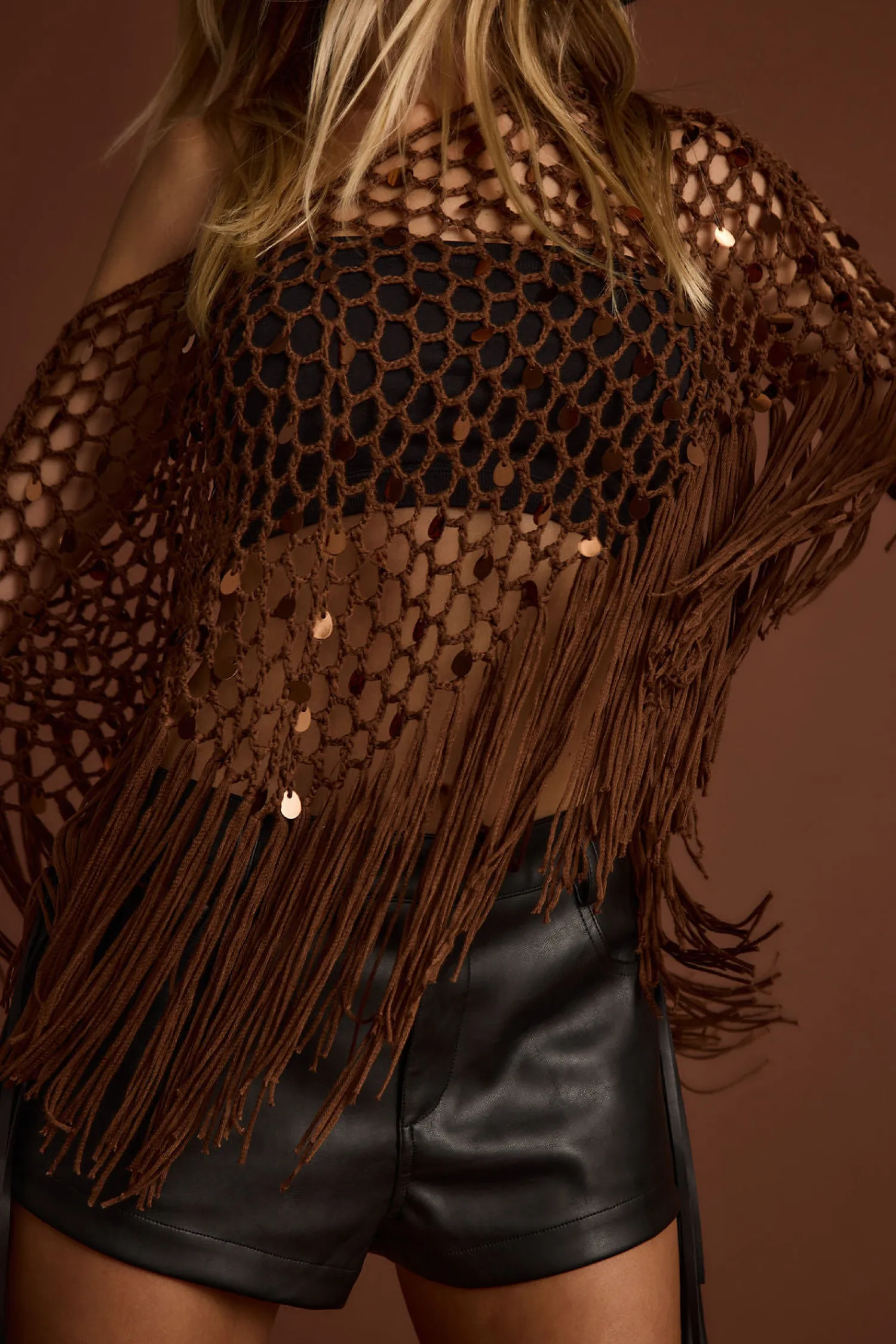 Clearance Rianne Mocha Sequin Crochet Shawl Tees + Tanks|For You And Your Bestie