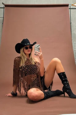 Clearance Rianne Mocha Sequin Crochet Shawl Tees + Tanks|For You And Your Bestie