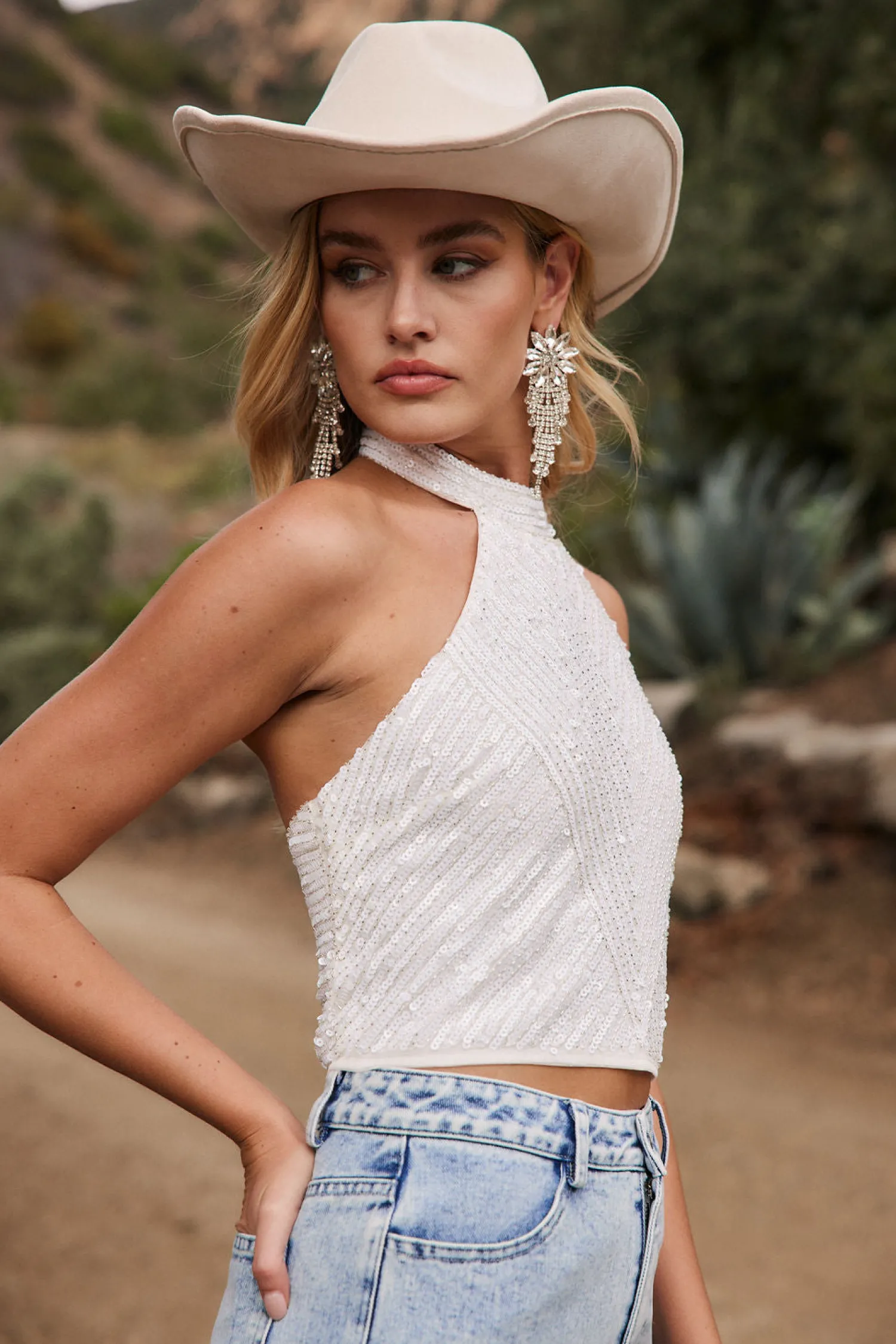 Fashion Riley White Sequin Halter Top Going Out Tops|Tees + Tanks