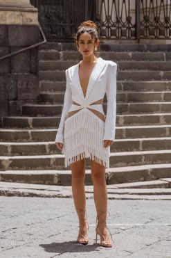 Best Rosetta White Lace Fringe Blazer Dress Honeymoon|Engagement Party