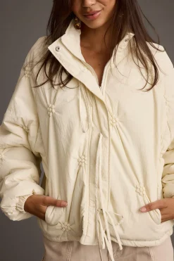 Fashion Rosey Cream Zip Front Puffer Coat Jackets|Long Sleeves