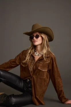 Discount Rustic Pines Brown Suede Button Down Top Long Sleeves|Festival Tops