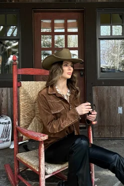 Discount Rustic Pines Brown Suede Button Down Top Long Sleeves|Festival Tops