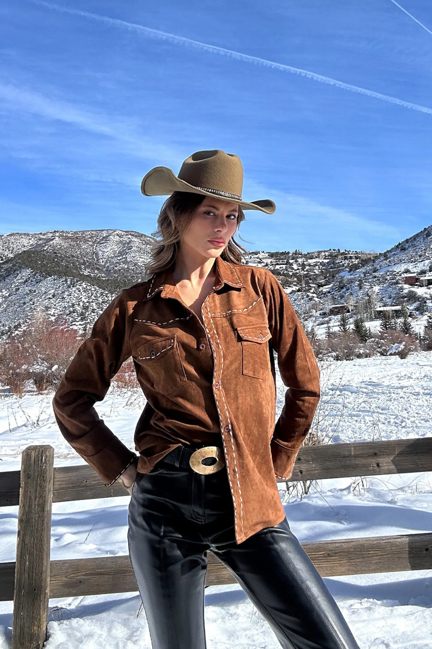 Discount Rustic Pines Brown Suede Button Down Top Long Sleeves|Festival Tops