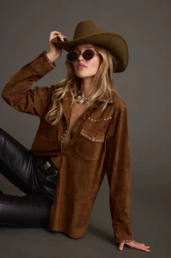 Discount Rustic Pines Brown Suede Button Down Top Long Sleeves|Festival Tops