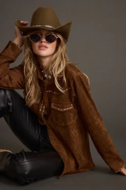 Discount Rustic Pines Brown Suede Button Down Top Long Sleeves|Festival Tops