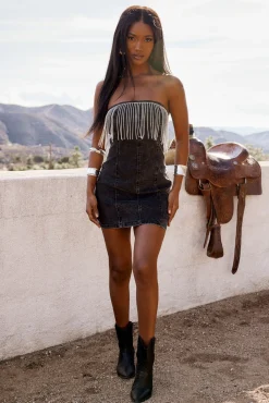 Fashion Rylie Washed Black Denim Strapless Fringe Mini Dress Denim + Diamonds Bachelorette|Western Bachelorette