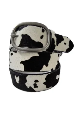 Outlet Saddle Black and White Cow Print Genuine Leather Belt Belts|Western Bachelorette