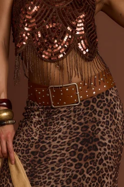 Hot Saloon Washed Cognac Studded Belt Belts|Western Bachelorette