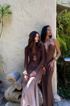 Hot Salta Mocha Ombre Mesh Long Sleeve Maxi Dress Vacation Dresses|Vacation Dresses