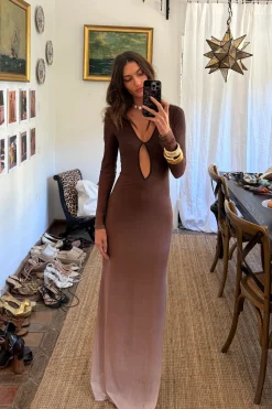 Hot Salta Mocha Ombre Mesh Long Sleeve Maxi Dress Vacation Dresses|Vacation Dresses