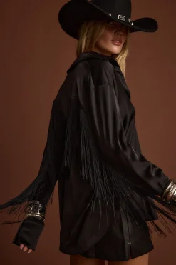 Hot Santana Black Fringe Button Up Top Festival Style Steals|Festival Tops